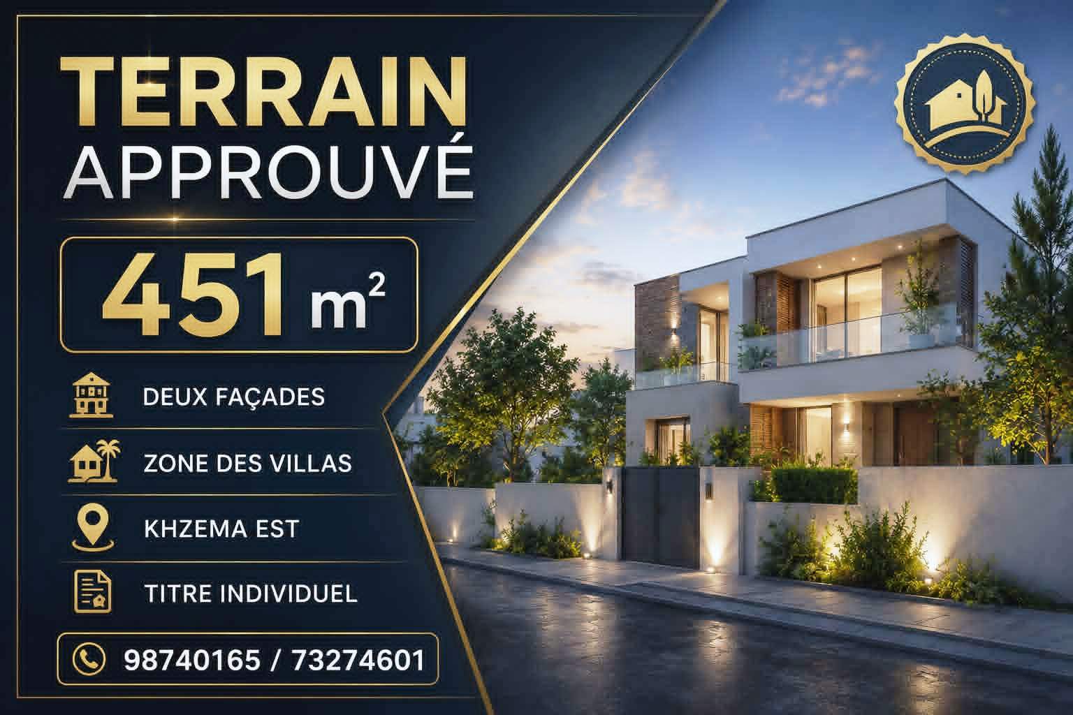 Sousse Jaouhara&nbsp;Sousse Khezama&nbsp;Terrain&nbsp;Terrain nu&nbsp;Terrain approuv� 451m deux fa�ades � khzema est