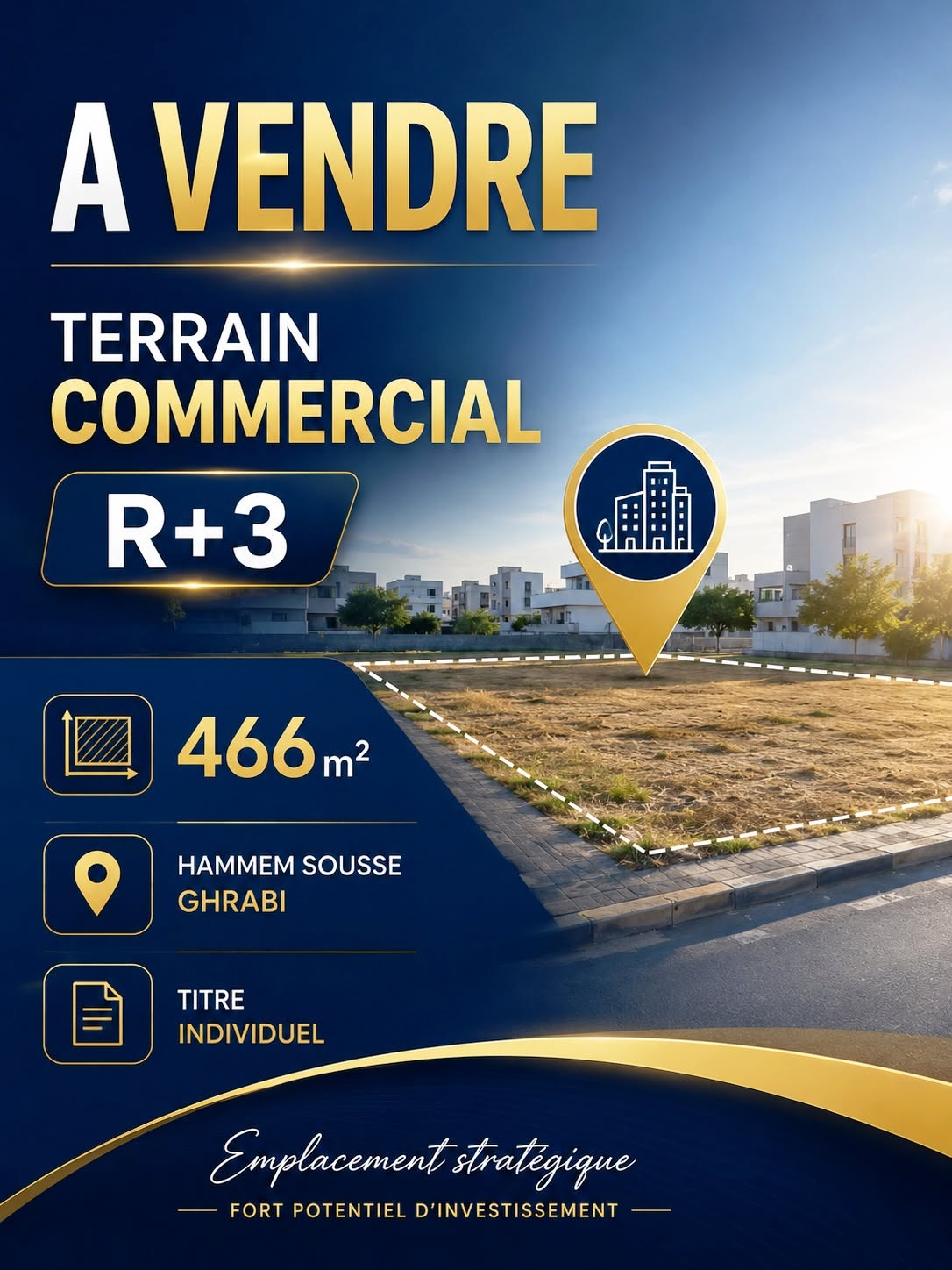 Hammam Sousse&nbsp;Hammam Sousse Gharbi&nbsp;Terrain&nbsp;Terrain nu&nbsp;Terrain commercial 466m hammam sousse ghrabi