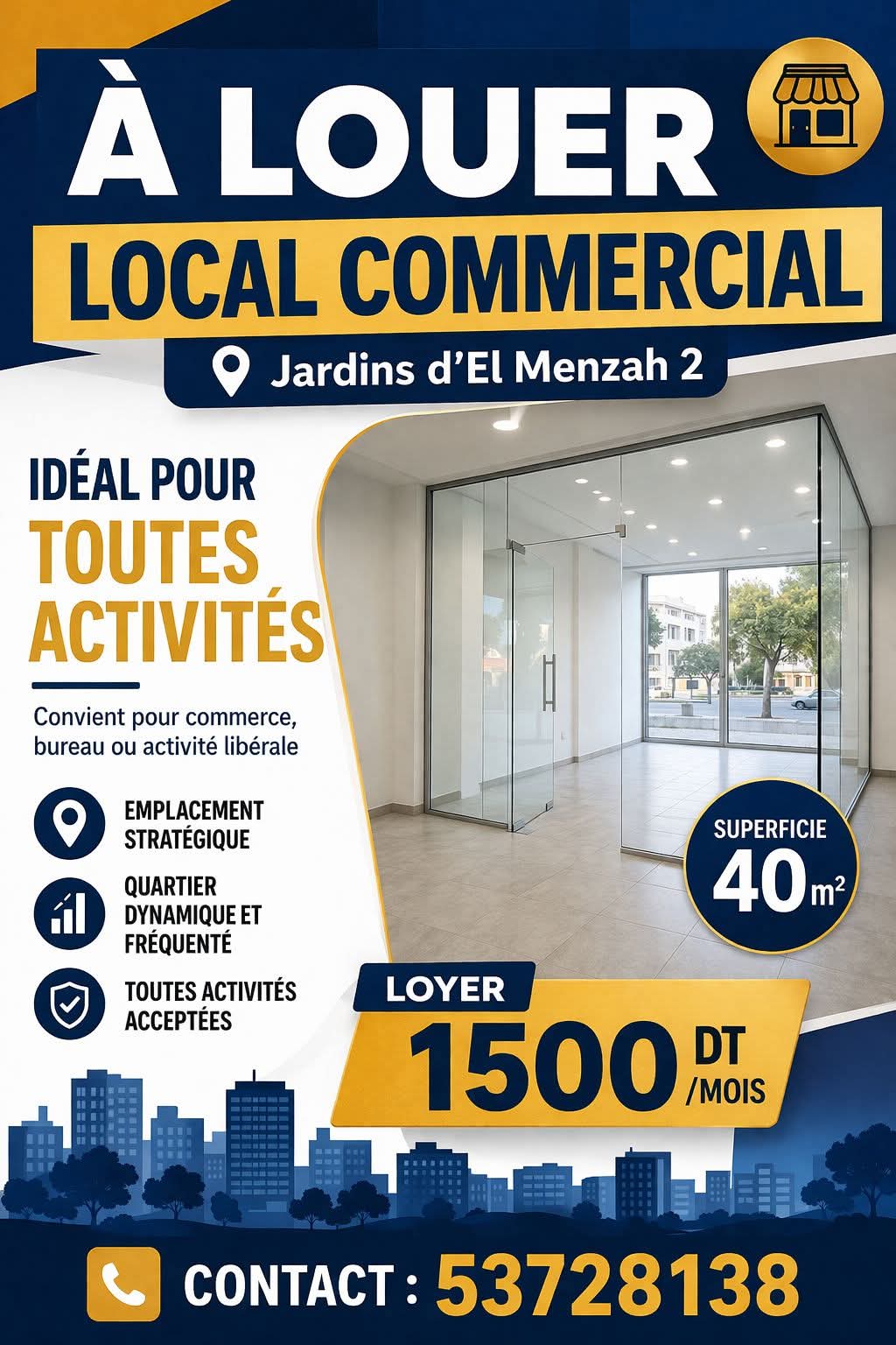 Mnihla&nbsp;Jardins d'el Menzah&nbsp;Bureaux & Commerces&nbsp;Surfaces&nbsp;Local commercial 40 m2 1500d jardin del menzah 2