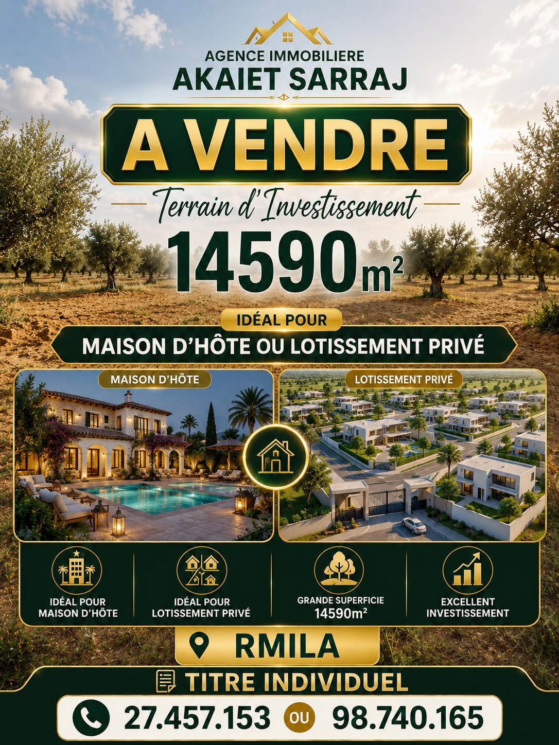 Akouda&nbsp;Chatt Meriem&nbsp;Terrain&nbsp;Terrain agricole&nbsp;Opportunit� terrain d'investissement 14590m rmila