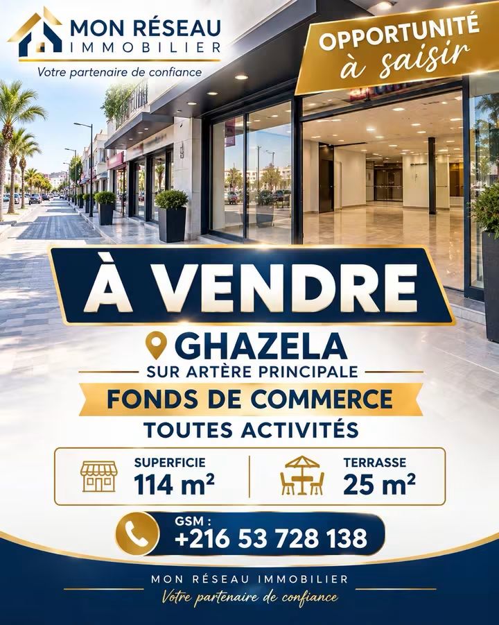 Raoued&nbsp;Cite El Ghazala 1&nbsp;Bureaux & Commerces&nbsp;Fond de Commerce&nbsp;Ghazela fonds de commerce toutes activit�s
