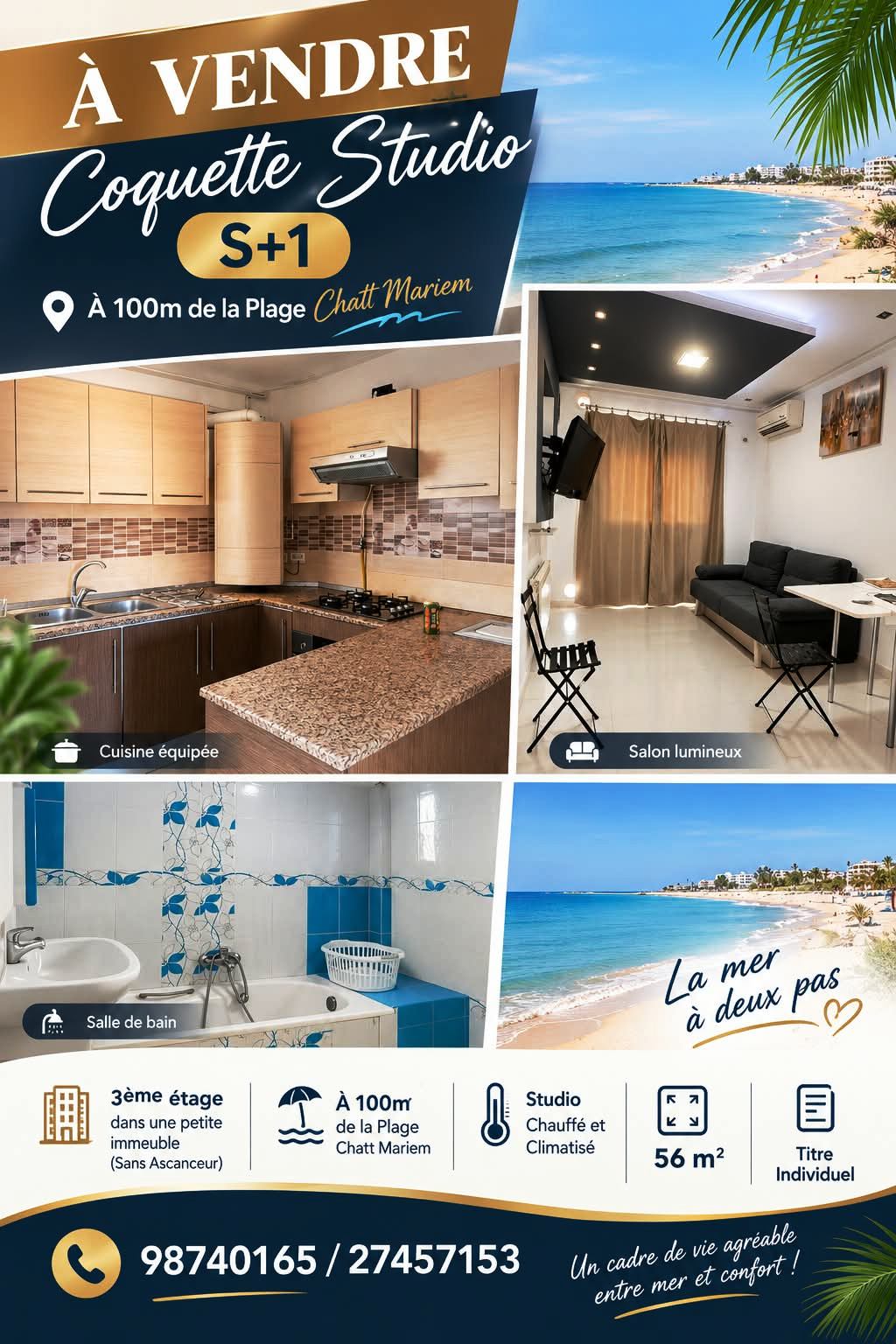 Akouda&nbsp;Chatt Meriem&nbsp;Vente&nbsp;Appart. 2 pi�ces&nbsp;Coquette studio � 100m de la plage chatt mariem